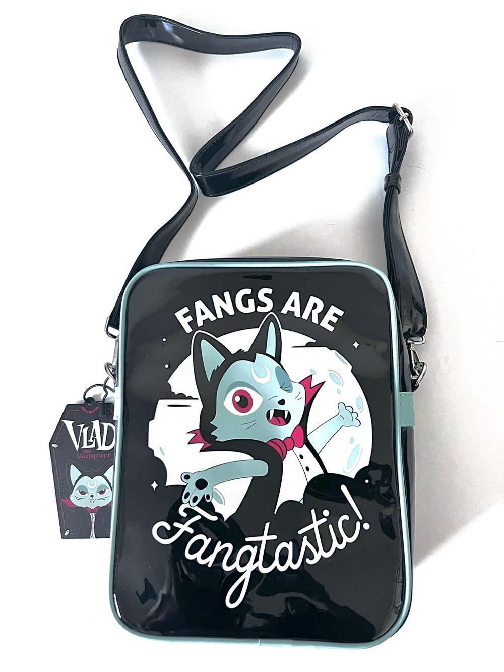 Killstar Fangtastic Crossbody Messenger Bag Black Shiny Vlad the Vampurr Logo